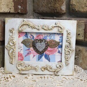 Hand-painted Mixed Media Art Baroque Jewelry Heart Faux Diamonds White Frame Art